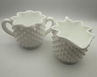 Fenton Milk Glass Creamer and Sugar Set Hobnail Double Handle Vintage White Glass