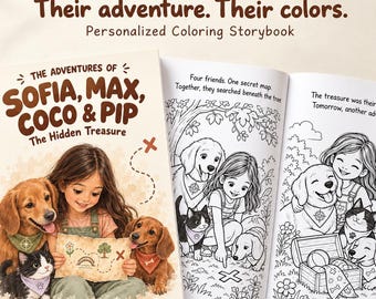 Personalized Coloring Storybook from Photos, Custom Child & Pet or Pet-Only Treasure Adventure