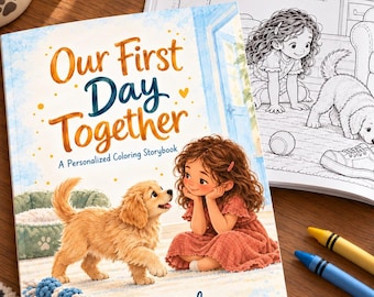 Personalized Child and Pet Coloring Storybook from Photos, Our First Day Together, Christmas Gift (Softcover book)