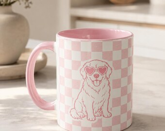 Custom Pet Checkered Mug | Retro Dog Cat Illustration Coffee Cup (11oz / 15oz)