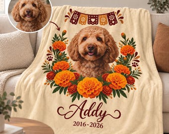 Personalized Day of the Dead Pet Memorial Blanket, Custom Dog or Cat Photo Velveteen Keepsake,  Pet Memorial Gift