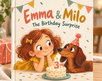 Personalized Birthday Book with Child and Dog, Custom Illustrated Hardcover from Photos