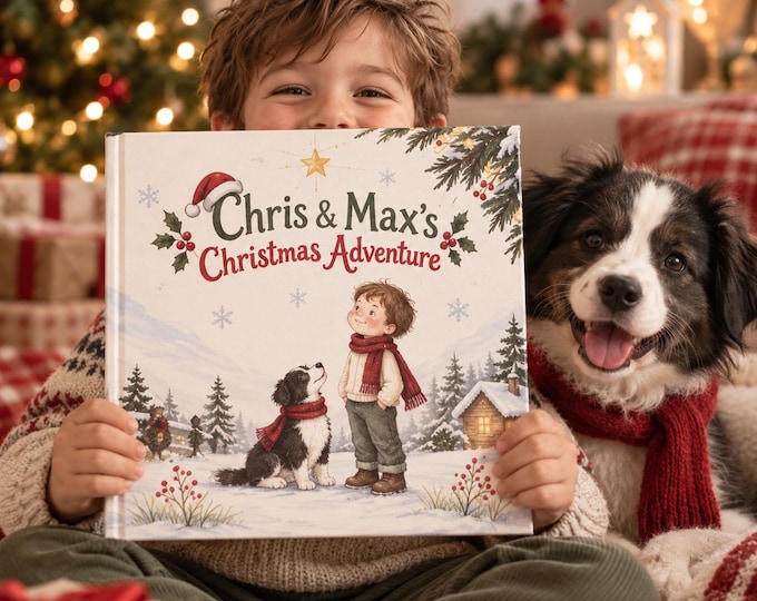 Featured listing image: Personalized Child & Pet Christmas Storybook, Custom Holiday Adventure (Hardcover)