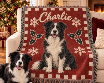 Custom Pet Christmas Woven Blanket, Personalized Dog or Cat Portrait and Name, Holiday Gift for Pet Lovers