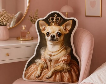 Custom Pet Pillow, Royal Dog Portrait, Cartoon Chihuahua Queen, Personalized Pet Lover Gift