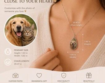 Custom Pet Photo Necklace, Personalized Dog Cat Memorial Pendant, Keepsake Jewelry
