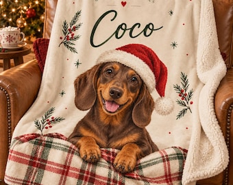 Personalized Christmas Pet Blanket, Custom Dog or Cat Portrait, Cozy Sherpa Throw, Holiday Gift for Pet Lovers
