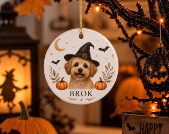 Custom Dog Halloween Ornament, Personalized Pet Photo Witch Hat Ceramic, Round Christmas Tree Ornament, Dog Lover Halloween Gift