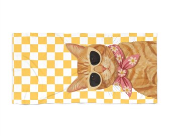 Retro Ginger Cat with Sunglasses Beach Towel | Yellow Checkered
