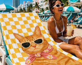 Custom Pet Beach Towel | Personalized Dog Cat Illustration Checkered Towel | Pet Lover Gift