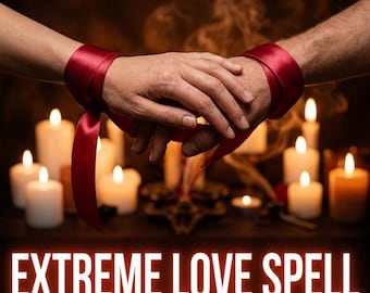 May include: Two hands are bound together by a vibrant red satin ribbon. The background features multiple lit white candles casting a warm glow. The text at the bottom reads EXTREME LOVE SPELL, SAME DAY SERVICE | FULL PHOTO PROOF.