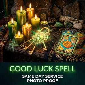 May include: A collection of green and gold pillar candles, ornate gold keys, and a glowing Wheel of Fortune tarot card. The image features the text GOOD LUCK SPELL, SAME DAY SERVICE, PHOTO PROOF. The scene includes crystals and a dark cloth.