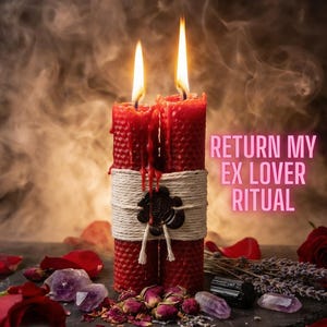 May include: Two burning red candles, wrapped with white twine and a black wax seal. The text "RETURN MY EX LOVER RITUAL" is displayed. The image includes rose petals, crystals, and the text "PHOTO PROOF INCLUDED".