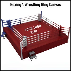 May include: A boxing and wrestling ring with a deep red canvas floor featuring the white text YOUR LOGO HERE. The structure includes four corner posts, white rope barriers, and blue and red corner padding with matching steps on the exterior.