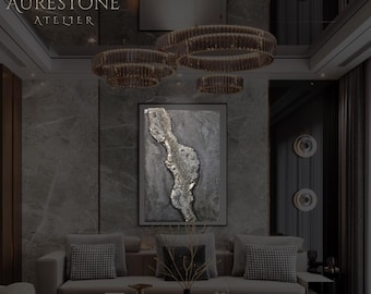 Concrete Wall Art 30x20 | Druzy Quartz, Pyrite Vein, Gold Leaf Abstract Texture | Ships in 1-3 Days