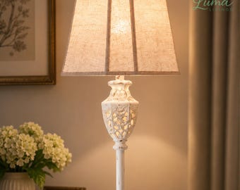 Rustic Farmhouse Floor Lamp – Hollow-Carved Resin with Linen Shade