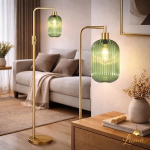 Dimmable Glass Floor Lamp Gold Standing Lamp with Green Ribbed Shade Knob Dimmer Tall Arc Lamp with LED Bulb for Living Room