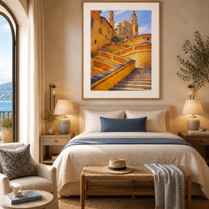 Menton Steps Escaliers Wall Art • French Riviera Architecture Painting • Mediterranean Old Town Digital Download