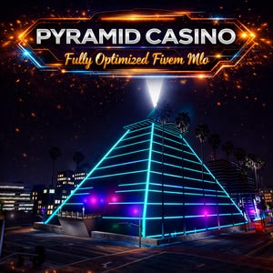 Puede incluir: Una representación digital de un casino en forma de pirámide por la noche, iluminado con luces de neón azules y moradas. El texto "PYRAMID CASINO" se muestra encima de la pirámide, con "Fully Optimized Fivem Mlo" debajo. Se ven palmeras y luces de la ciudad en el fondo.