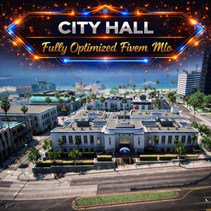 Puede incluir: Vista aérea de un ayuntamiento con el texto "CITY HALL" y "Fully Optimized Fivem Mlo" en un marco brillante. El edificio es de color claro con una entrada azul y está rodeado de otros edificios y palmeras.