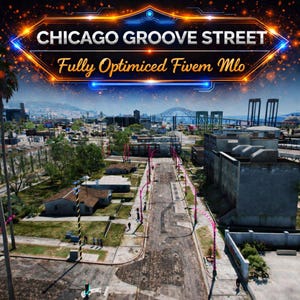 Puede incluir: Vista aérea de una calle de la ciudad con el texto "CHICAGO GROOVE STREET" y "Fully Optimized Fivem Mlo" en una pancarta brillante. La escena incluye edificios, carreteras y un puente al fondo.