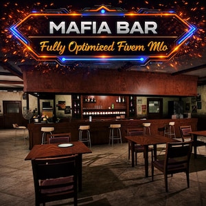 Könnte beinhalten: Innenansicht einer Bar mit Holztischen, Stühlen und einer langen Bartheke. Das Schild zeigt "MAFIA BAR" und "Fully Optimized Fivem Mlo" in Neon-Optik. Die Szene ist schwach beleuchtet und erzeugt eine Vintage-Atmosphäre.