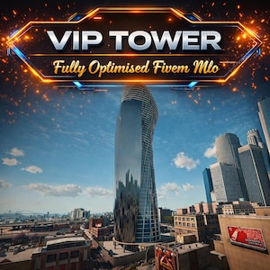 May include: A modern, reflective skyscraper dominates a cityscape under a blue sky with scattered clouds. The building's design is unique, with a twisting form. The text "VIP TOWER" and "Fully Optimised Fivem Mlo" are displayed above the building.