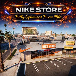 May include: A digital rendering of a Nike Store with the text "NIKE STORE" in a glowing, stylized font. The image also includes the text "Fully Optimized Fivem Mlo". The store has an orange Nike swoosh logo.