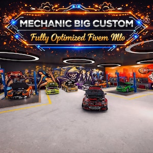 May include: An interior garage scene with several cars in various colors, including orange, green, and red, with their hoods open. The text "MECHANIC BIG CUSTOM" and "Fully Optimized Fivem Mlo" is displayed in a glowing, neon-style font.