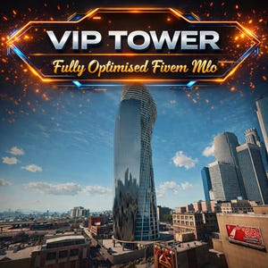 Könnte beinhalten: Ein moderner, reflektierender Wolkenkratzer dominiert eine Stadtlandschaft unter einem blauen Himmel mit vereinzelten Wolken. Das Gebäude hat ein einzigartiges Design mit einer verdrehten Form. Der Text "VIP TOWER" und "Fully Optimised Fivem Mlo" sind über dem Gebäude zu sehen.