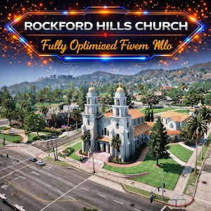 Puede incluir: Vista aérea de una iglesia con dos torres altas y cúpulas doradas. La iglesia es blanca con un tejado de tejas rojas, rodeada de céspedes verdes y palmeras. El texto "ROCKFORD HILLS CHURCH" y "Fully Optimized Fivem Mlo" se muestra en la parte superior.