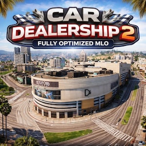 Può includere: Immagine promozionale per "Car Dealership 2", con un paesaggio urbano con un grande edificio moderno etichettato come "Rockford Plaza". Il titolo del gioco è ben visibile con un design a bandiera a scacchi e il testo "FULLY OPTIMIZED MLO."