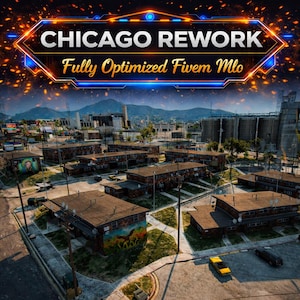 Puede incluir: Una vista aérea de una escena urbana con edificios y calles. La imagen presenta el texto "CHICAGO REWORK" y "Fully Optimized Fivem Mlo" en un diseño estilizado. La escena incluye edificios residenciales, carreteras y una cordillera en el fondo.