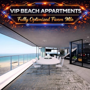 May include: An exterior shot of a modern apartment balcony overlooking the ocean. The balcony features a white oval dining table with six white chairs. The text "VIP BEACH APPARTMENTS" is displayed at the top of the image.