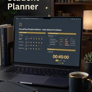 ADHD-studentplanerare | Mall för idéer med tidsblockering + läxhanterare + studietimer | Dark Mode Pro Edition
