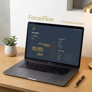 May include: A laptop displaying the FocusFlow app interface, featuring time-blocking and habit tracking templates. The screen is dark with a yellow and white color scheme. The laptop is on a wooden desk, with a pen and small plant nearby.