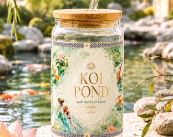 Koi Pond Glass Can with Bamboo Lid, 16oz Iced Coffee Cup, Japanese Garden Gift