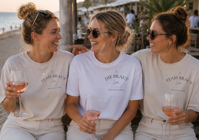 May include: Three short-sleeved crew neck t-shirts in white and beige. The two outer shirts feature the text 'TEAM BRAUT', 'Lena', and 'MALLORCA 2026'. The center shirt features the text 'DIE BRAUT', 'Lena', and 'MALLORCA 2026' in black lettering.