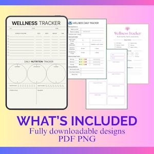 Puede incluir: Un conjunto de rastreadores de bienestar imprimibles con varios diseños. Los rastreadores incluyen secciones para hábitos diarios, nutrición, rutinas de ejercicios y seguimiento del estado de ánimo. También incluye el texto "WHAT'S INCLUDED Fully downloadable designs PDF PNG".