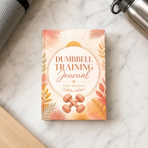 May include: A rectangular journal with a cream-colored cover featuring the text DUMBBELL TRAINING Journal FOR WOMEN in brown and orange. The design includes illustrations of two dumbbells, sun rays, and various orange and yellow leaves.