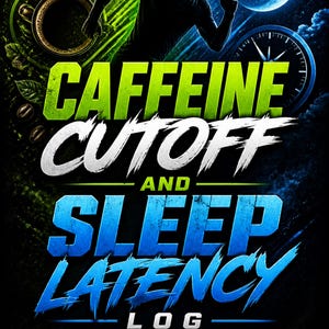 以下が含まれることがあります： CAFFEINE CUTOFF AND SLEEP LATENCY LOGというタイトルのウェルネスジャーナルの表紙。ランナーのシルエット、コーヒーカップ、コーヒー豆、三日月、時計の文字盤が、ダークブルーとグリーンの背景に描かれています。