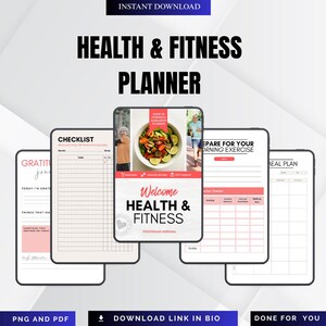 May include: A digital health and fitness planner with various pages, including a checklist, meal plan, and exercise tracker. The planner features the text "Health & Fitness Planner" and "Instant Download."