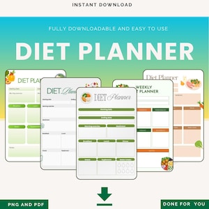 May include: A collection of digital diet planner templates with a green and white color scheme. The text "DIET PLANNER" is prominently displayed. The templates include sections for daily and weekly meal planning, exercise, and water intake tracking. The image also includes the text "PNG AND PDF".