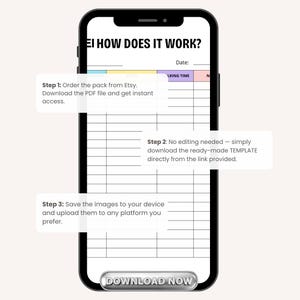 May include: A smartphone displays a digital planner with the text "EI HOW DOES IT WORK?" and instructions: Order from Etsy, download the PDF, no editing needed, and save the images. A "DOWNLOAD NOW" button is at the bottom.