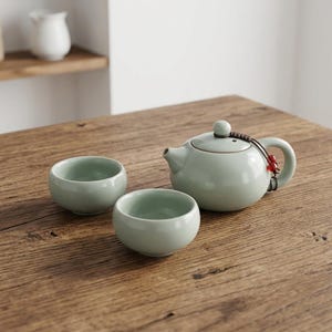 May include: A celadon green ceramic tea set, including a teapot with a small handle and two matching teacups. The teapot has a small knob on the lid and a decorative cord. The set is displayed on a wooden surface.