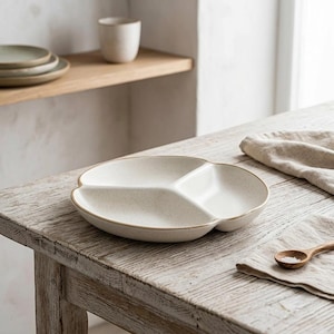 May include: A cream-colored, three-sectioned serving dish with a speckled surface and a light brown rim. The dish is placed on a rustic wooden table, alongside a linen napkin and a wooden spoon.