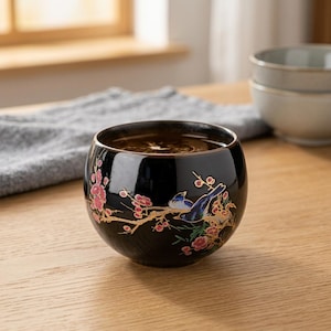 Pode incluir: Uma chávena de chá de cerâmica preta com formato arredondado. A chávena é decorada com um desenho floral e de pássaros em rosa, dourado e azul. A chávena está cheia de um líquido escuro, provavelmente chá ou café.