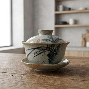 Puede incluir: Un juego de té gaiwan de cerámica con tapa, cuenco y platillo. El juego es de color beige claro con diseños florales azules y negros. El gaiwan está sobre una mesa de madera.