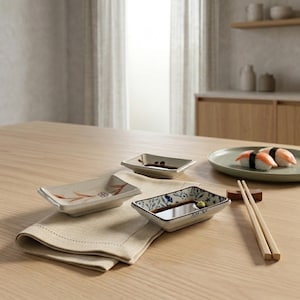 May include: A wooden table setting featuring three rectangular ceramic soy sauce dishes with floral and geometric patterns. A pair of chopsticks rests beside a plate of sushi. A beige linen napkin is under the dishes.