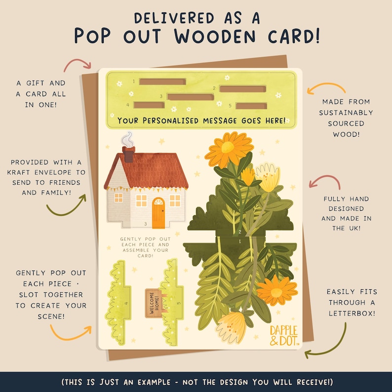 Op de afbeelding: Een pop-out houten kaart met een huis, bloemen en de woorden "WELCOME HOME". De kaart wordt geleverd met een kraftenvelop en is gemaakt van duurzaam geproduceerd hout. Volledig met de hand ontworpen en gemaakt in het VK.